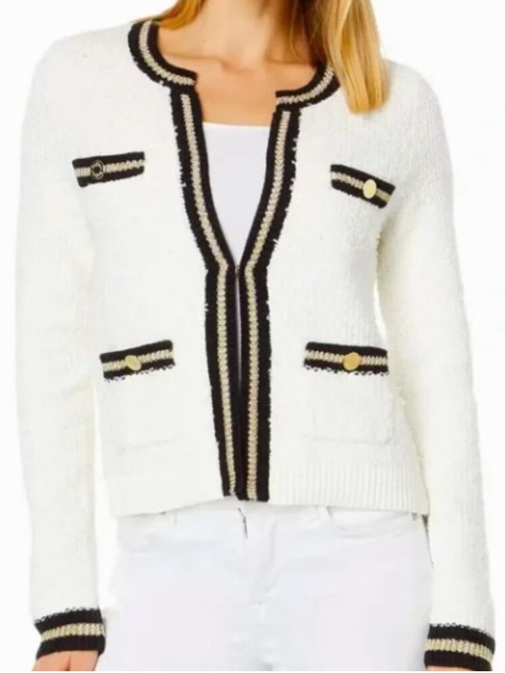 Lilly pulitzer cream bouclé cardigan with gold and black trim size S